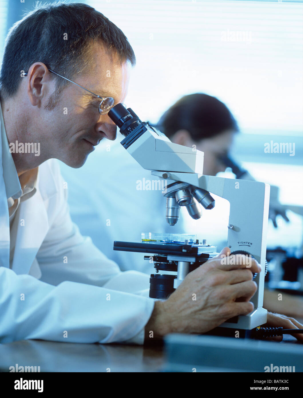 Light microscopy. Researchers examining samples under light microscopes