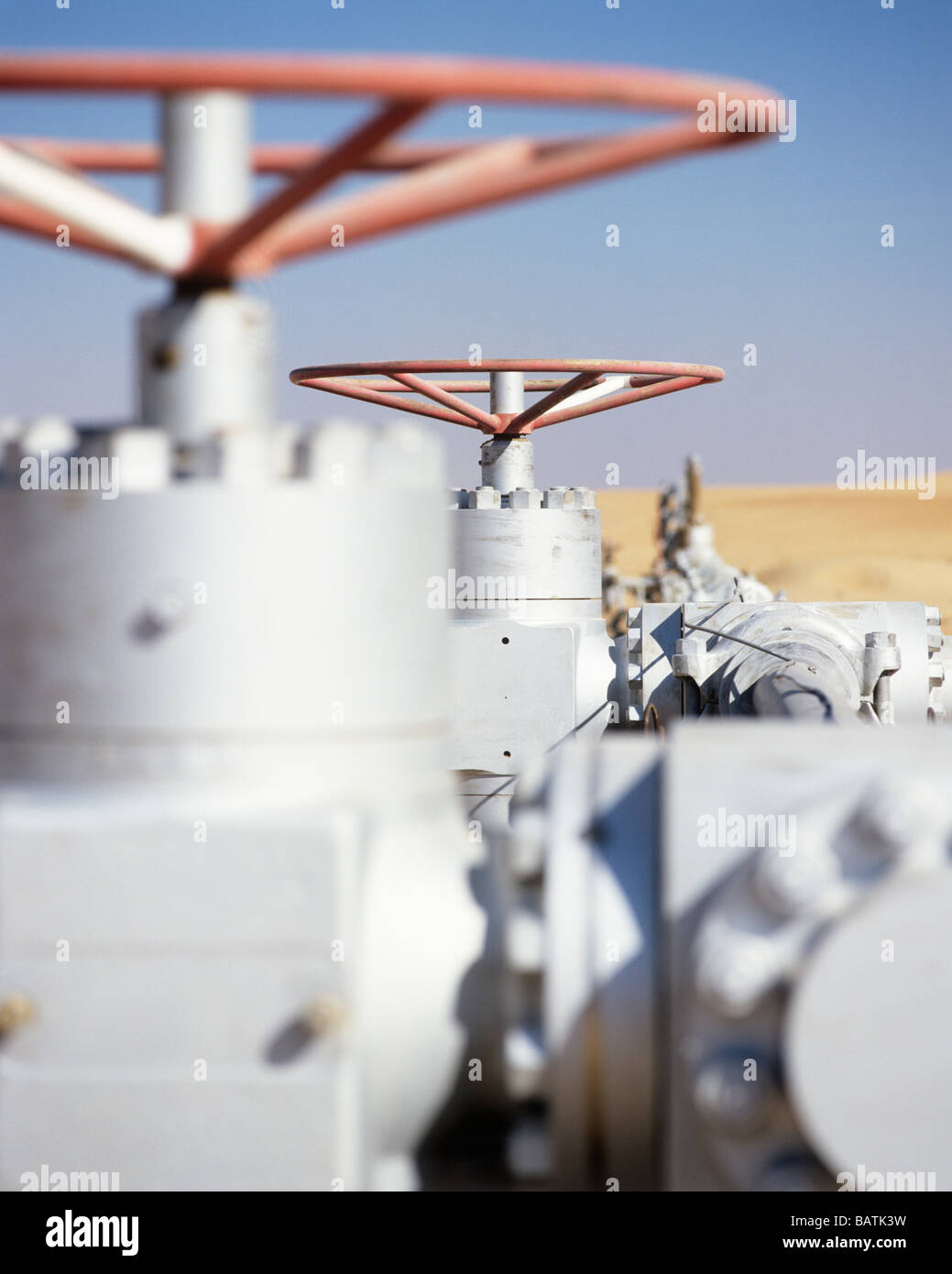 Gas well valve in a gas pipeline. Photographedin the United Arab Emirates. Stock Photo
