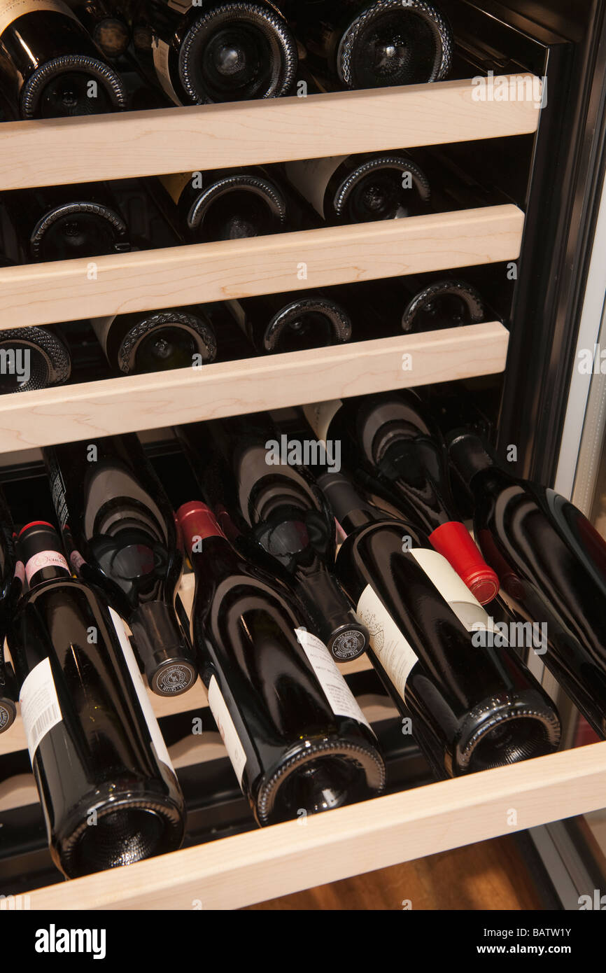 Wine bottles in wine cooler Stock Photo