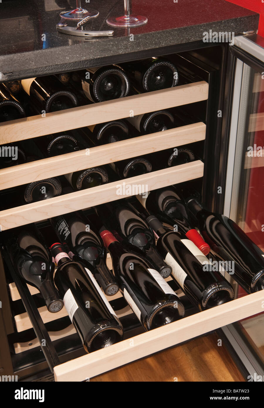Wine bottles in wine cooler Stock Photo