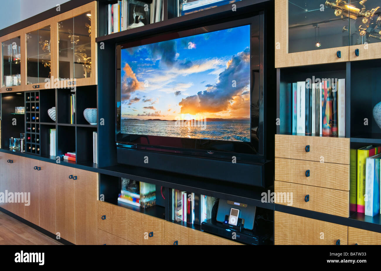 Flat screen TV in luxurious apartment Stock Photo