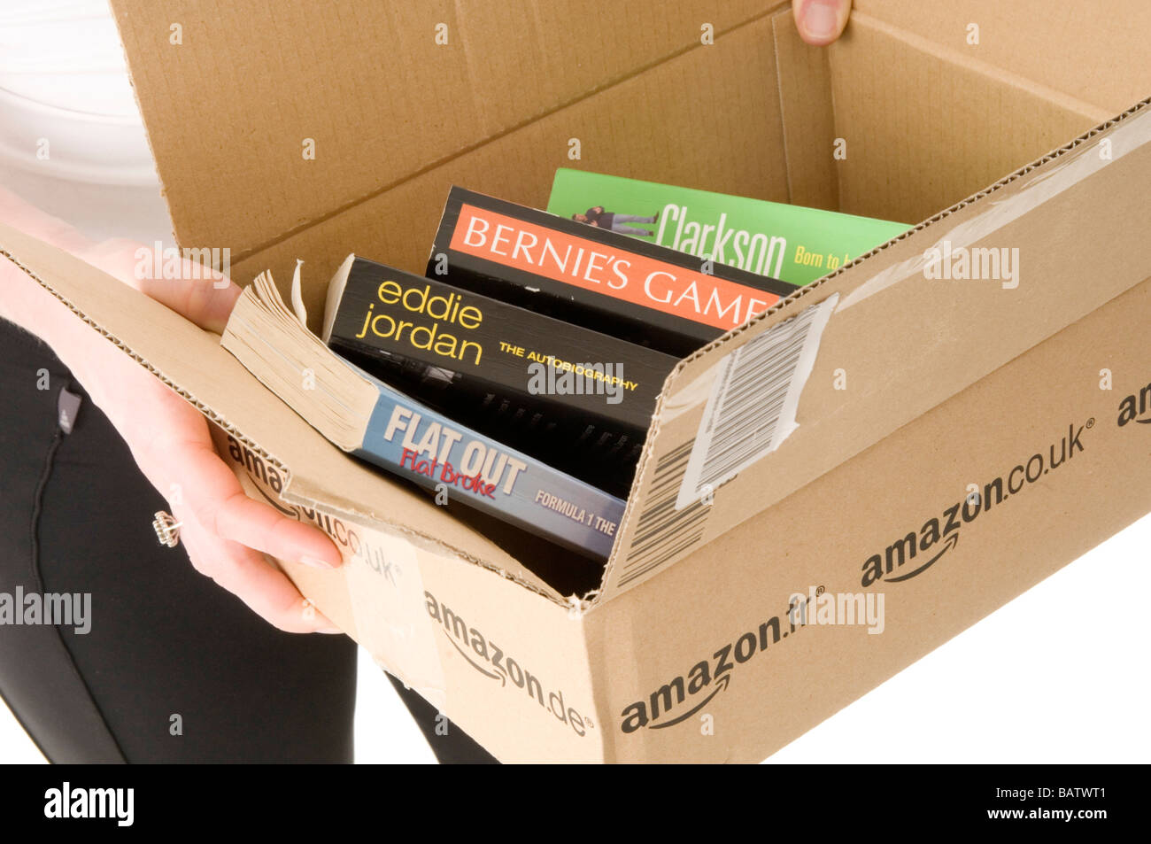 amazon online on line book retailer shop store books bookshop bookstore mail order shipping box boxes package packages parcel pa Stock Photo