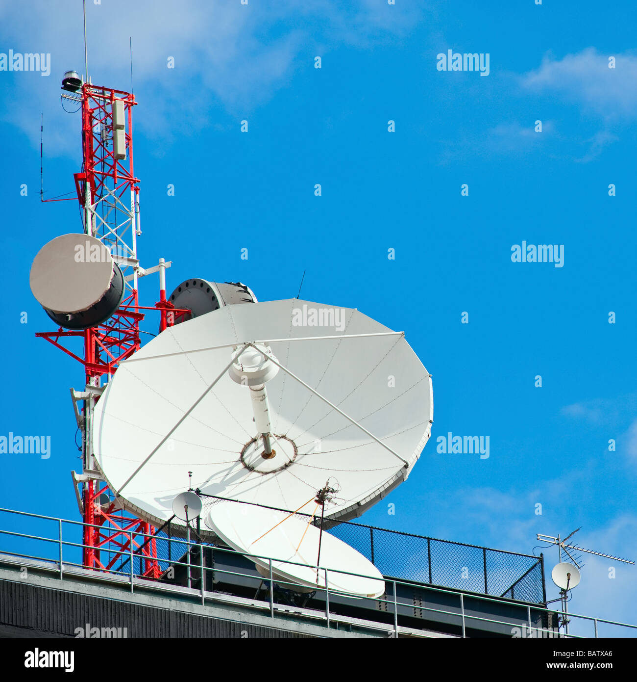 USA, New York, New York City, microwave tower with satellite dish 