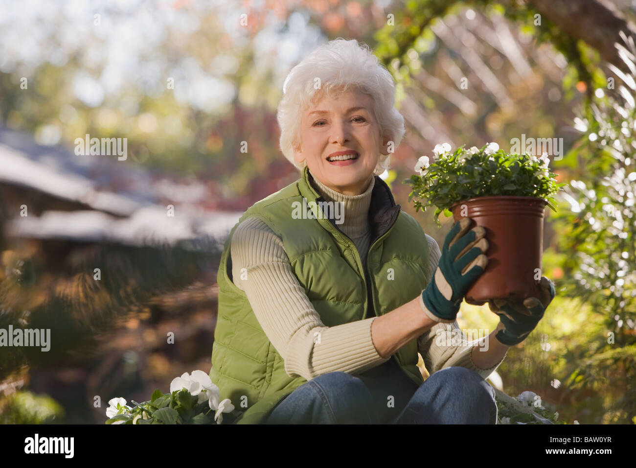 Senior woman sitting in domestic garden holding potted plant, portrait ...