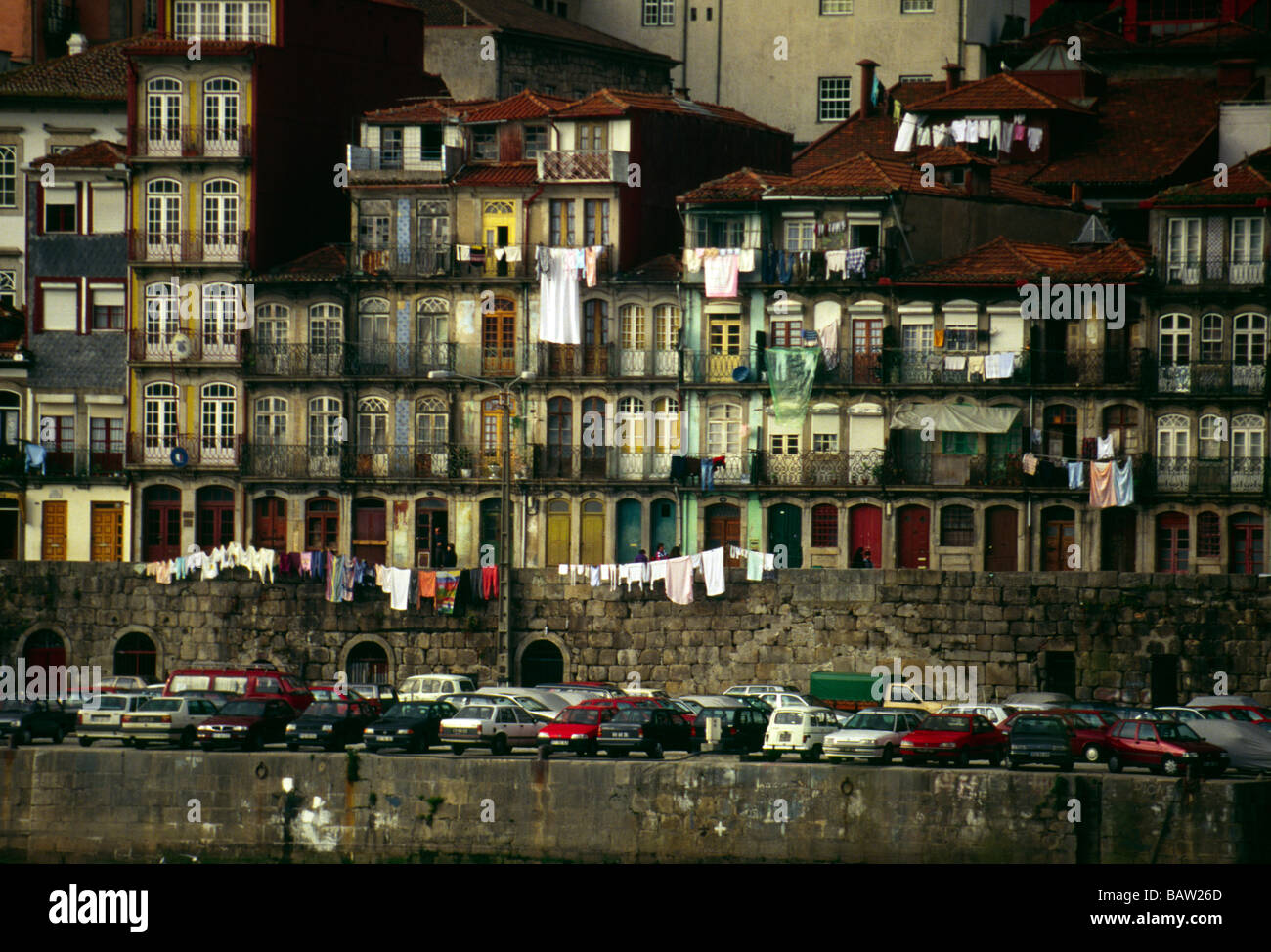 Riverside homes on the Duoro with washing hanging out Oporto Stock Photo