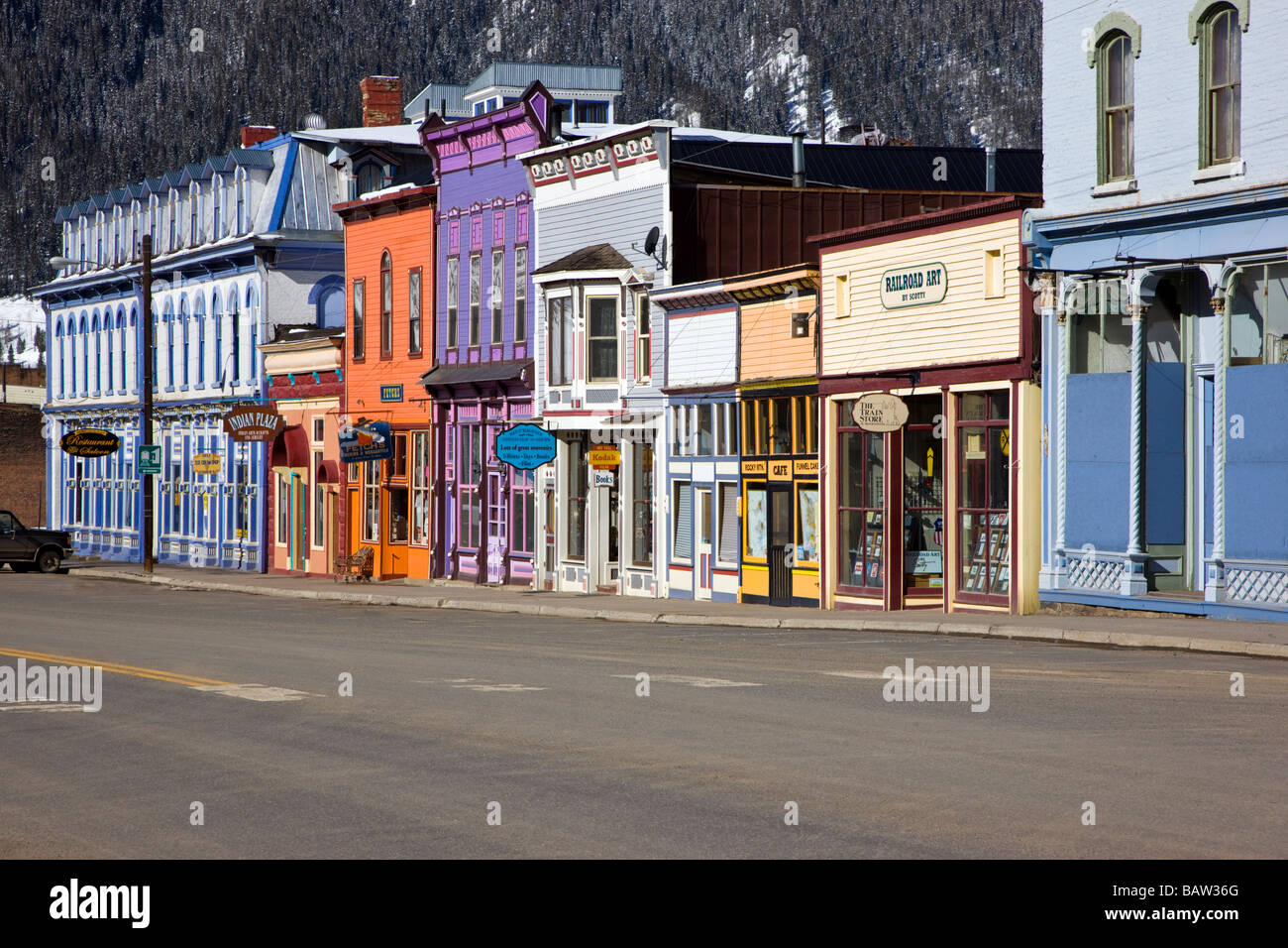 Historic downtown Silverton Colorado the main street is lined with Victorian architecture Stock Photo