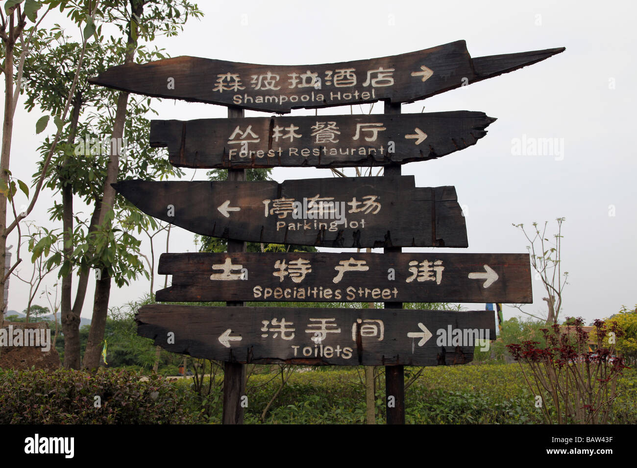 signpost on dark wood board showing different direction in a park in the nature with trees and bushes around panel right left Stock Photo
