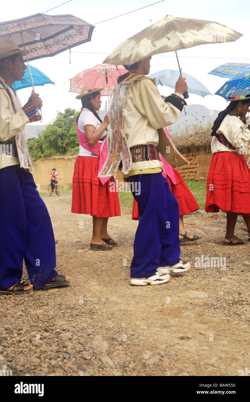Locals perform a rain dance at a festival in Apolo Bolivia Stock Photo