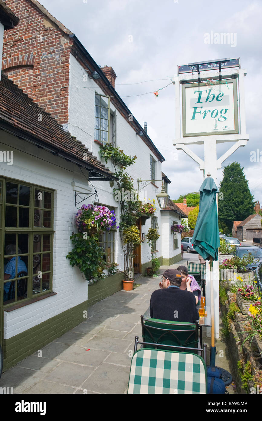 Skirmett , diners outside the fabulous pub restaurant , The Frog , set in the midst of Vicar of Dibley country , in spring sun Stock Photo