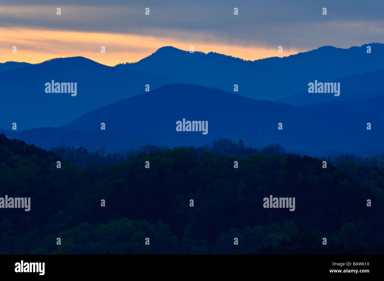 Sunrise from the Foothills Parkway in the Great Smoky Mountains National Park Tennessee Stock