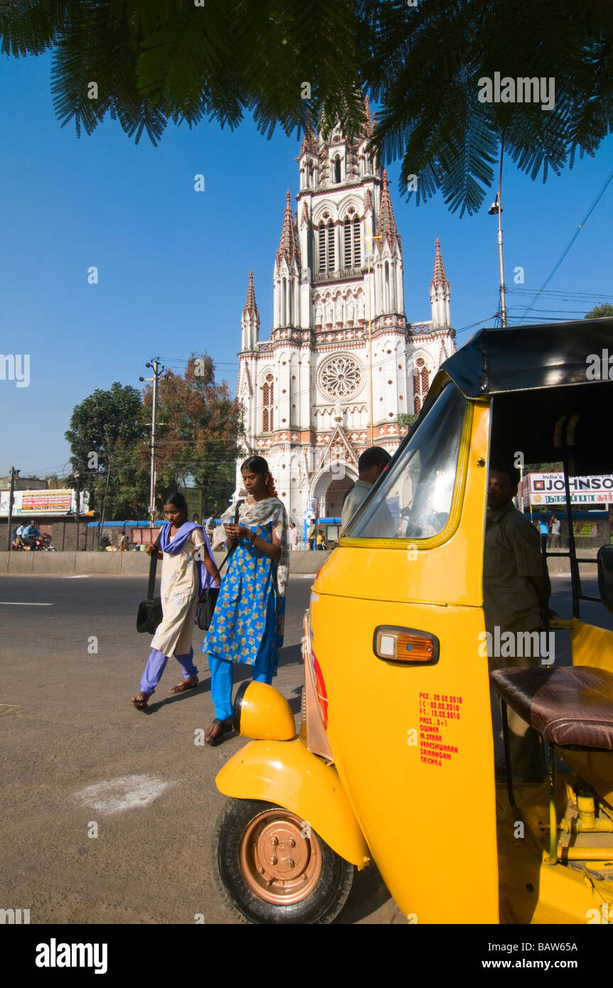 Auto rickshaw near Church of Our Lady of Lourdes Trichy Tamil Nadu India Stock Photo