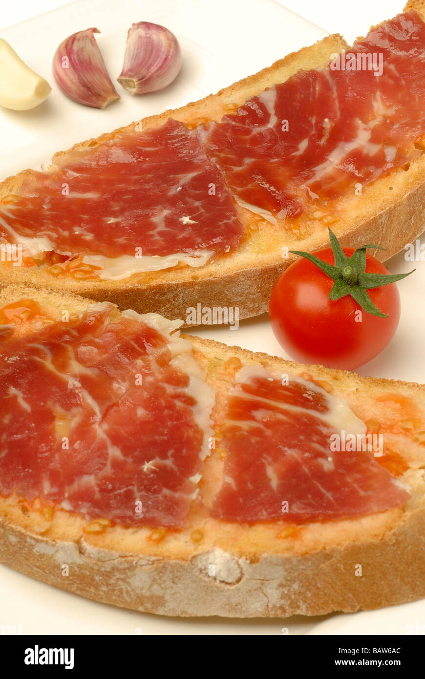 Pan Catalana Spanish tapa Bread tomato Jamon Serrano toast and Garlic
