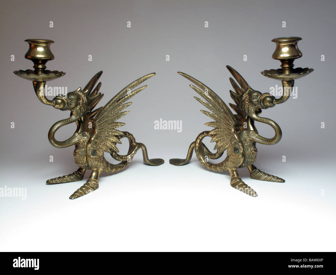 Antique pair of gilded bronze dragon candlesticks circa 1880 Stock Photo
