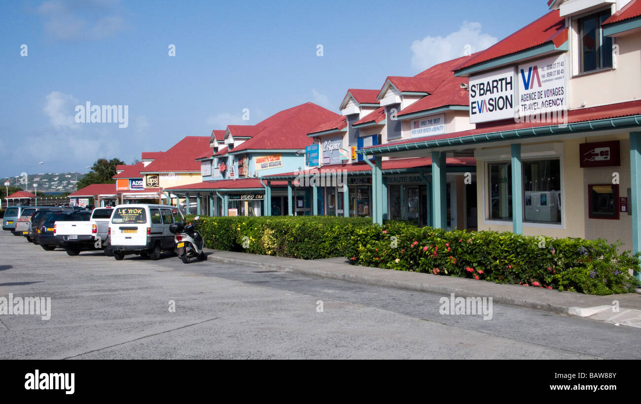 Strip mall shops opposite airport St Barts Stock Photo