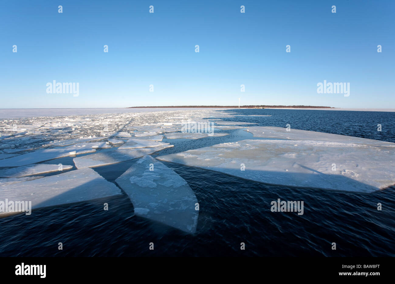 Breaking sea ice at ice edge Bothnian Bay , Baltic sea , Hailuoto Island at the background , Finland Stock Photo