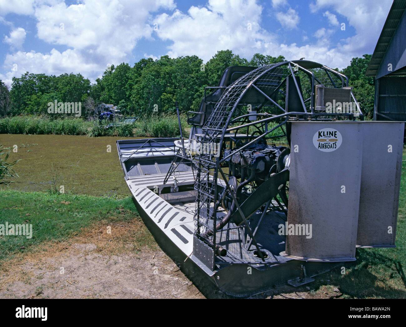 'Airboat parked on banks of a ^bayou, Houma, ^Louisiana' Stock Photo