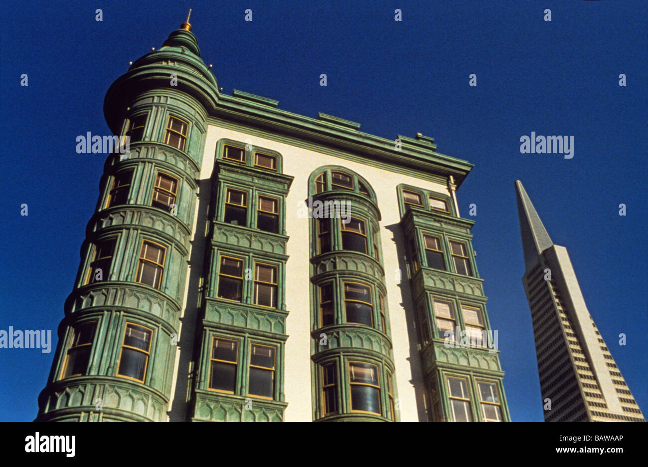 'Skyline, 'Coppola Building' and 'Transamerica Pyramid' from 'Columbus Avenue', 'San Francisco', California' Stock Photo