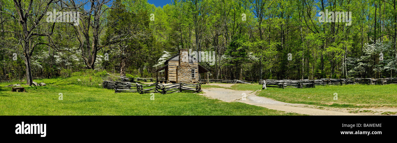 Panorama of John Oliver s Place Cabin in Cades Cove in the Great Smoky Mountains National Park Tennessee Stock Photo