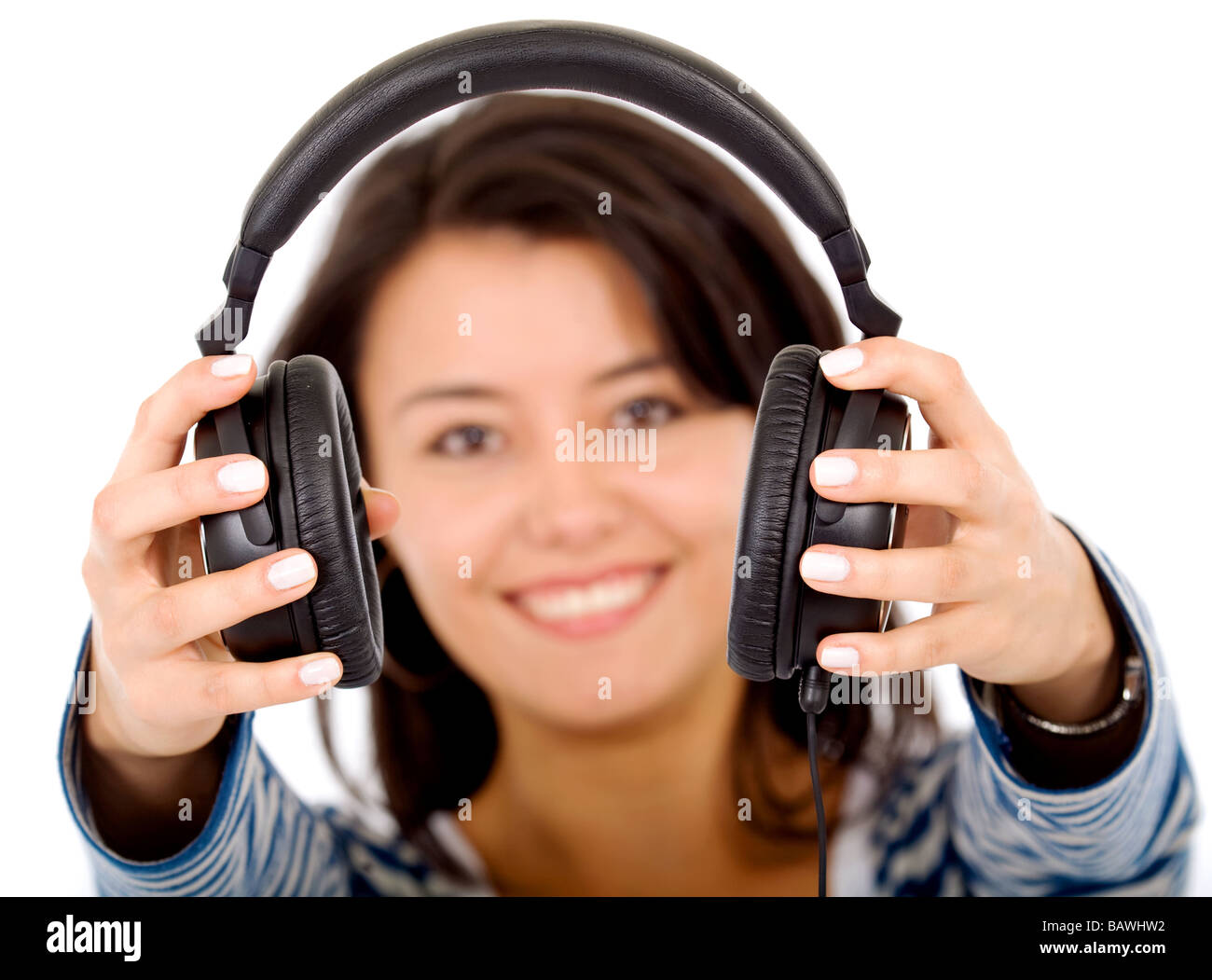 girl holding headphones Stock Photo