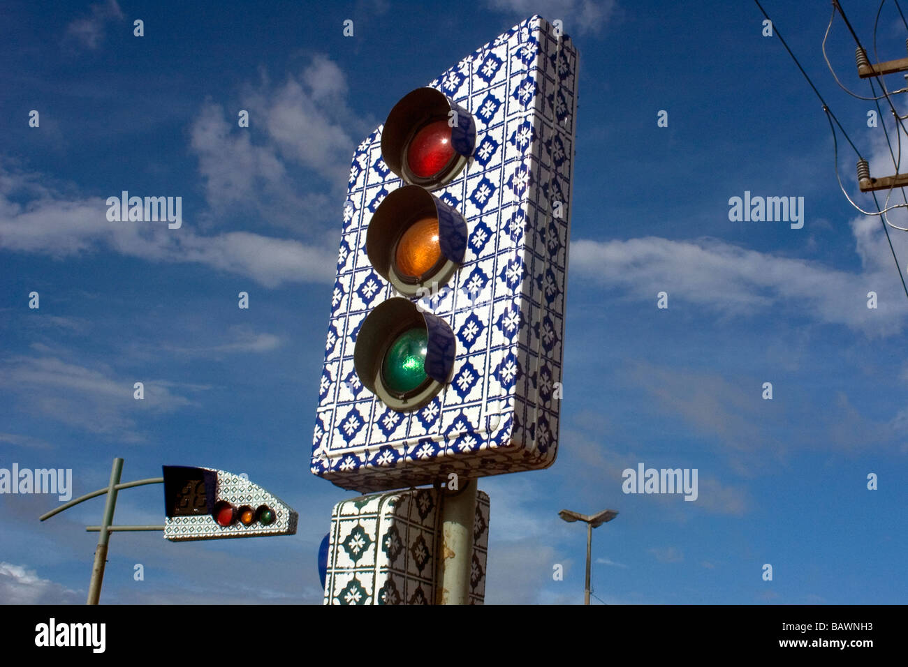 Traffic light made in the traditional Portuguese blue tiles style from the 17th century Sao Luis