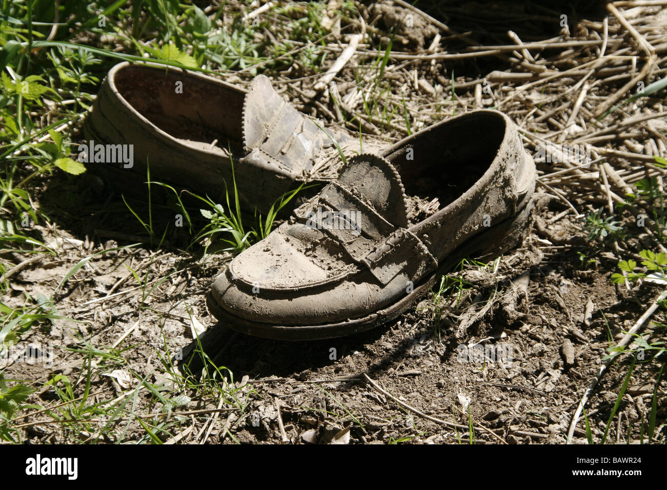 a pair of brown shoes covered with mud in field Stock Photo - Alamy