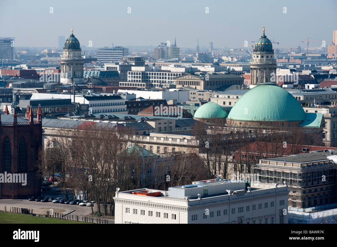 View over rooftops of Berlin towards classical towers of Gendarmenmarket Stock Photo