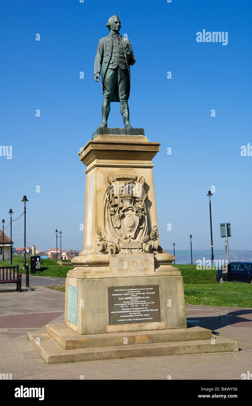 Statue of Captain James Cook overlooking Whitby harbour North Yorkshire ...