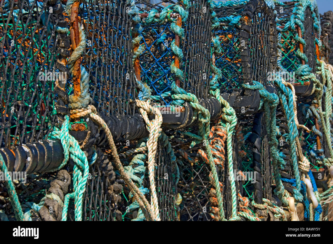 Crab and Lobster pots Close up on the quayside England UK United Kingdom GB Great Britain Stock Photo