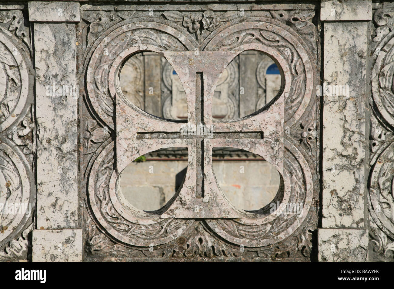 Symbol of the Order of Christ on a balcony of the Belem Tower in Lisbon, Portugal Stock Photo