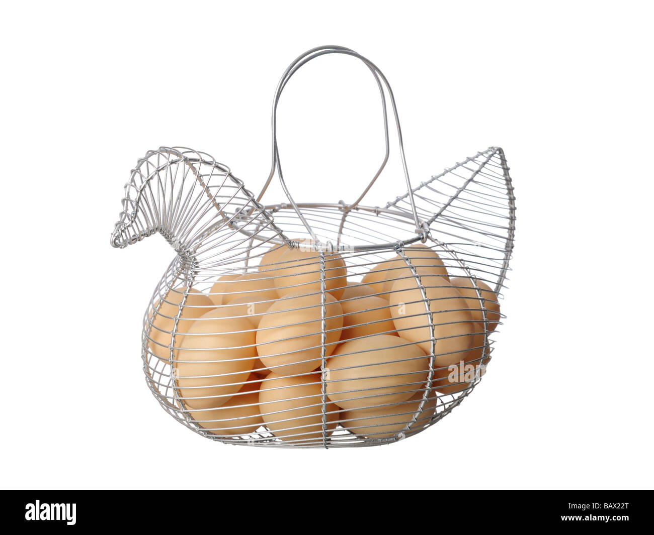 Hen shaped wire mesh basket eggs Stock Photo