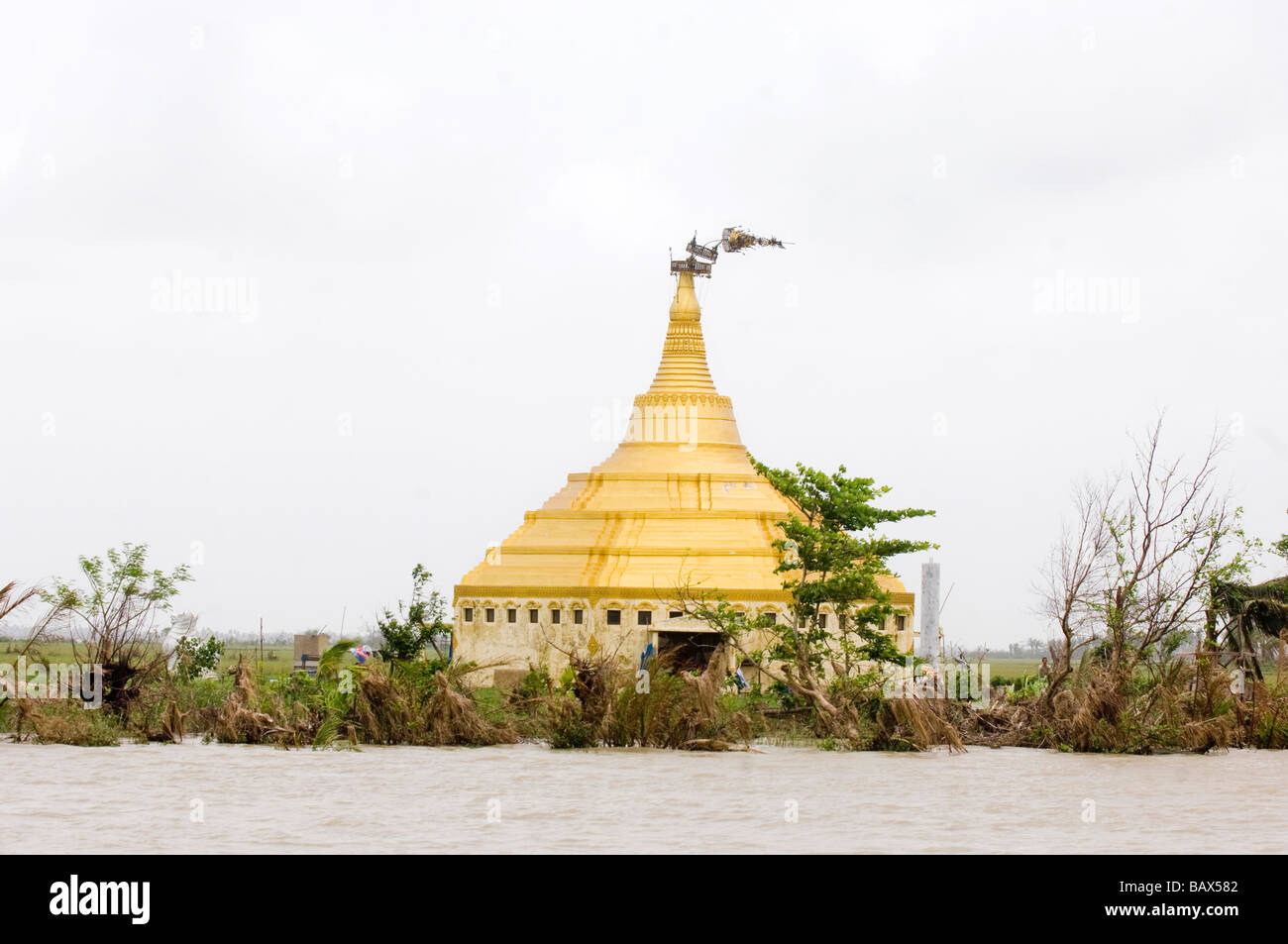 Partially destroyed Buddist Pagoda in Bogale after cyclone Nargis struck Myanmar between the 2nd and 3rd of May 2008 and destroy Stock Photo