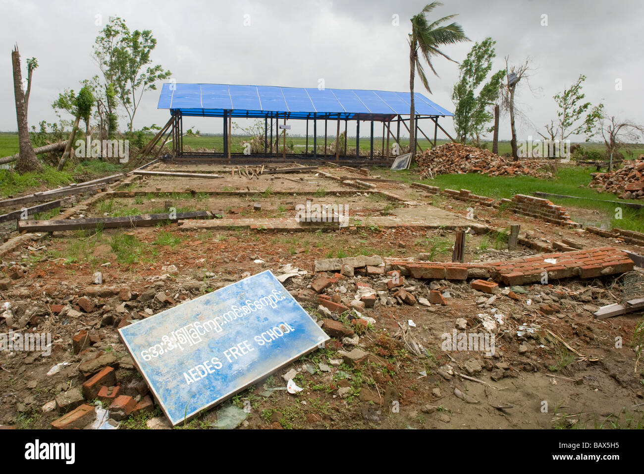 A destroyed school in Bogale after cyclone Nargis struck Myanmar between the 2nd and 3rd of May 2008 and destroyed large parts o Stock Photo