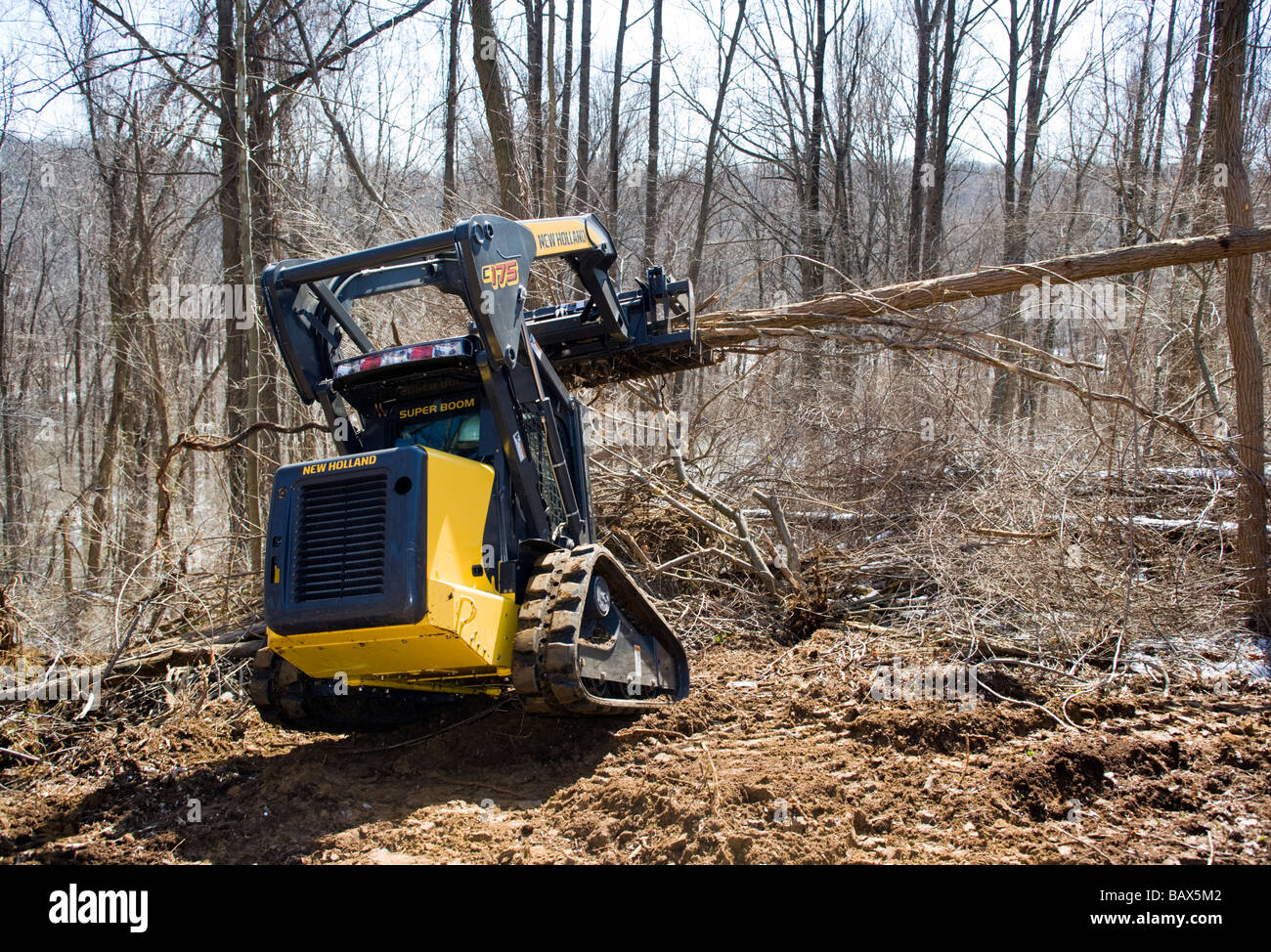 New Holland C 175 tracked skid loader clearing brush on a residential lot Stock Photo