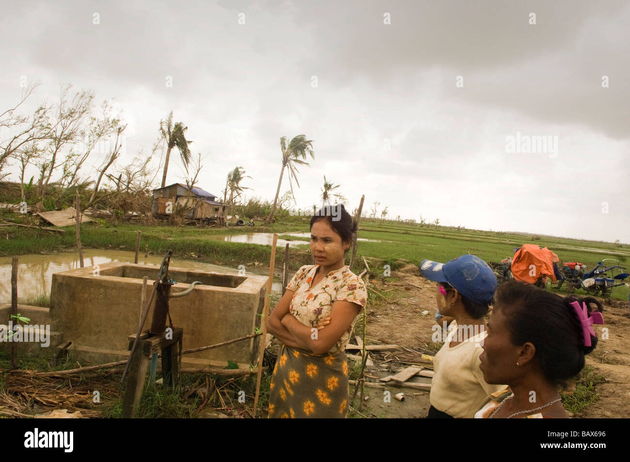 Survivors in Bogale wait for aid after cyclone Nargis struck Myanmar between the 2nd and 3rd of May 2008 Stock Photo