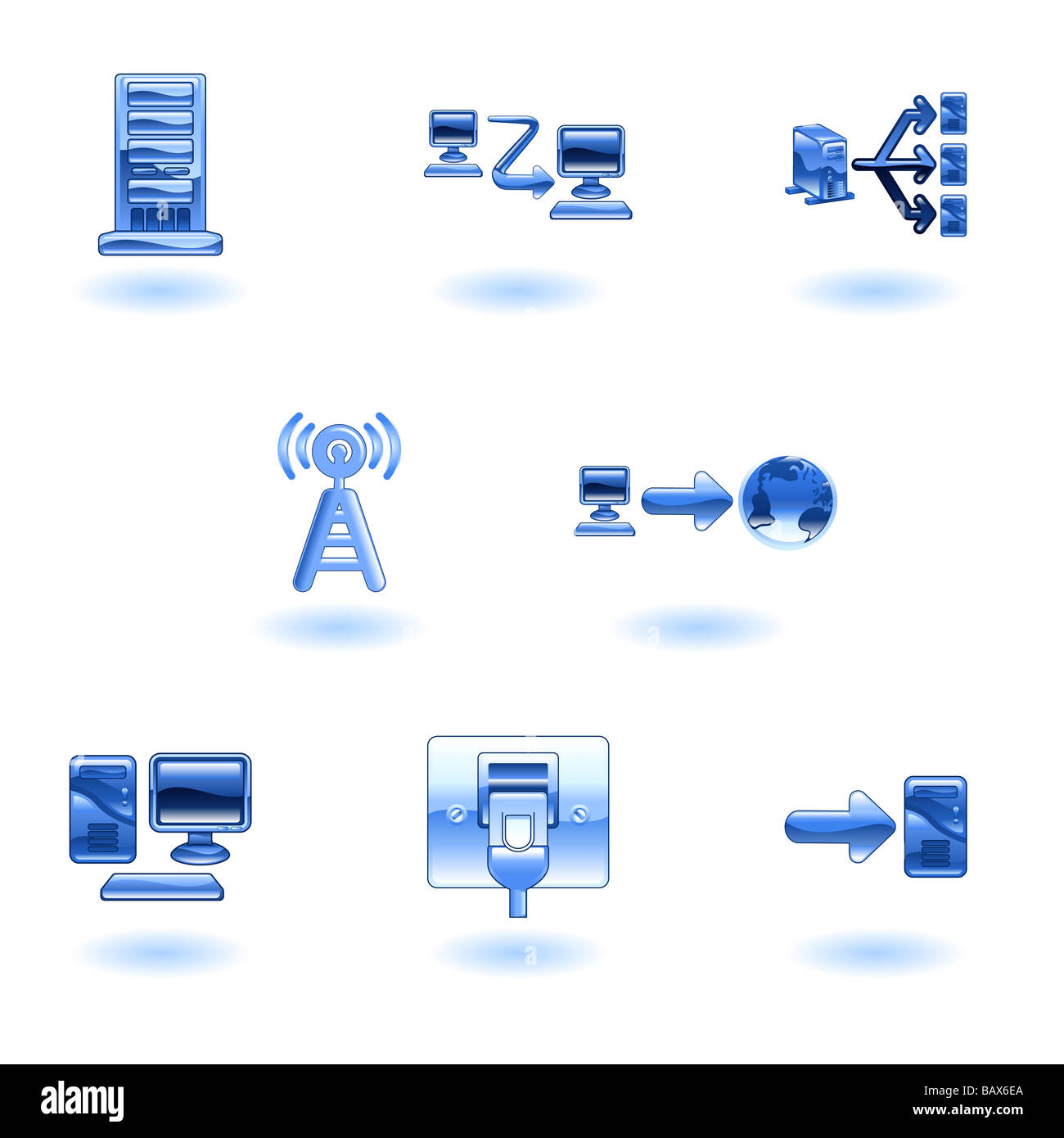 A glossy computer network and internet icon set Stock Photo