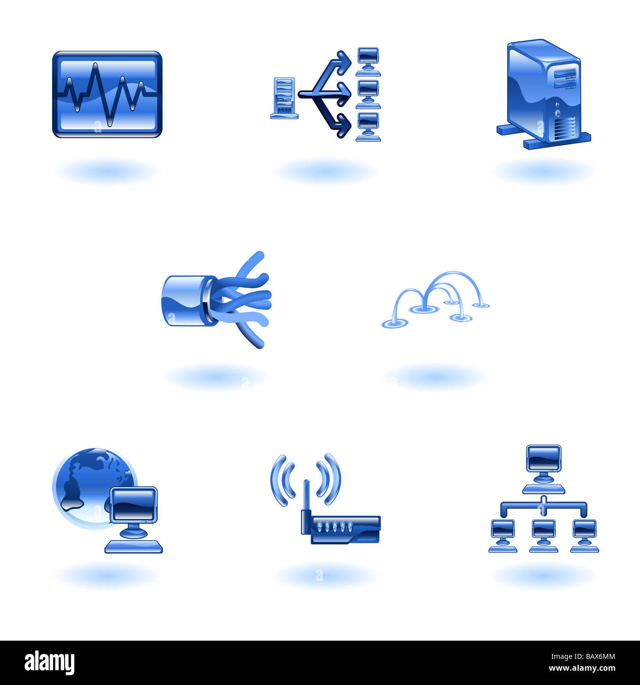 A glossy computer network and internet icon set Stock Photo
