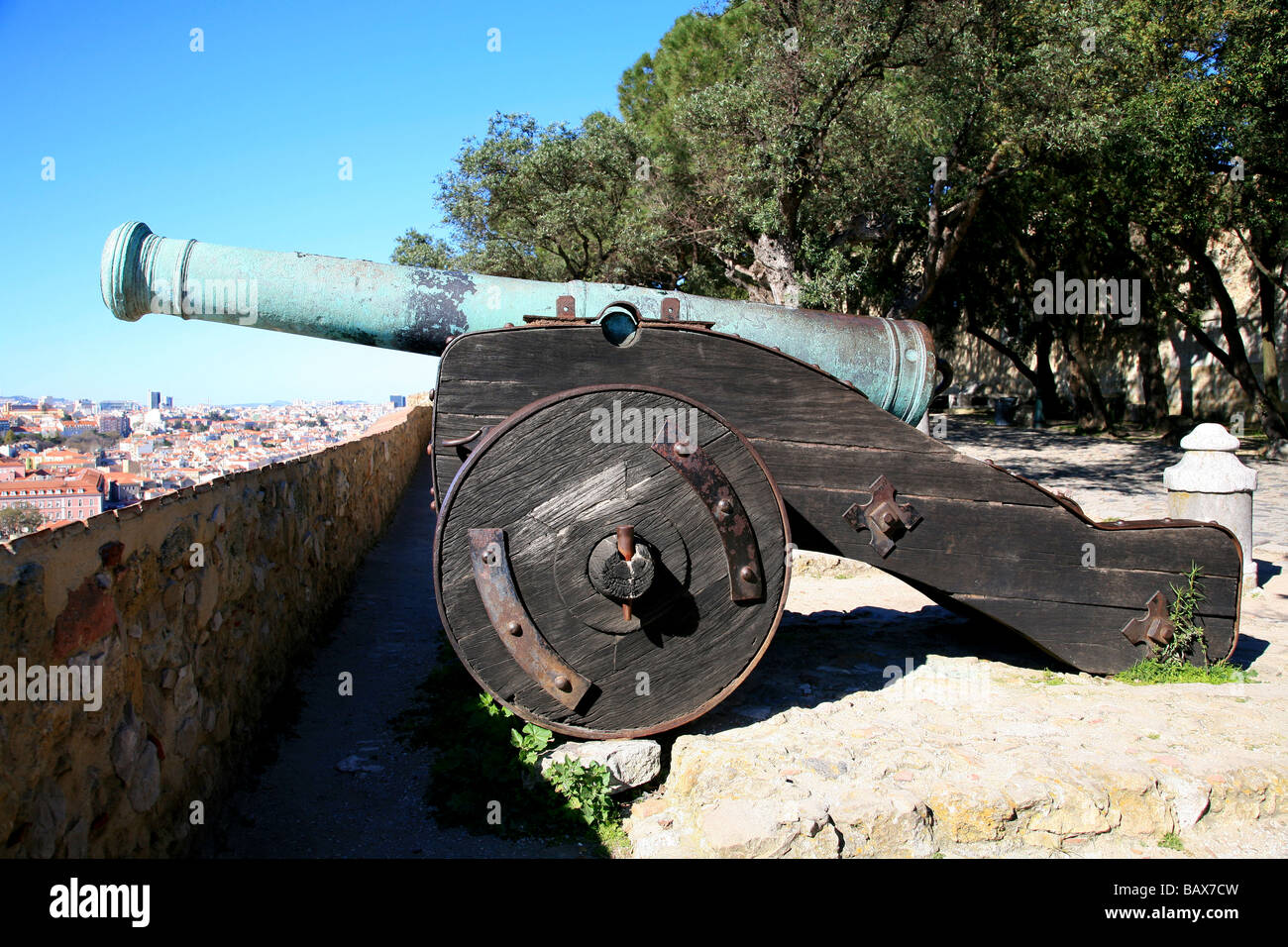 One of the cannons at the medieval Moorish Castle of Saint George in Lisbon, Portugal Stock Photo