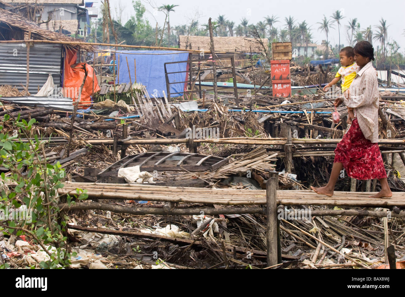 A destroyed village in the delta after Cyclone Nargis struck Myanmar on the 2nd  of May 2008 Stock Photo
