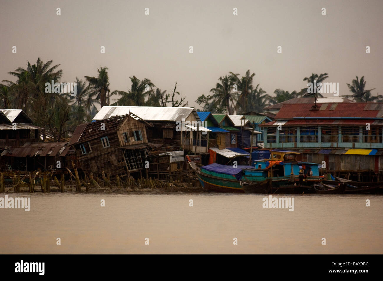 Destroyed houses in Labutta harbour after cyclone Nargis struck Myanmar on the 2nd  of May 2008 Stock Photo