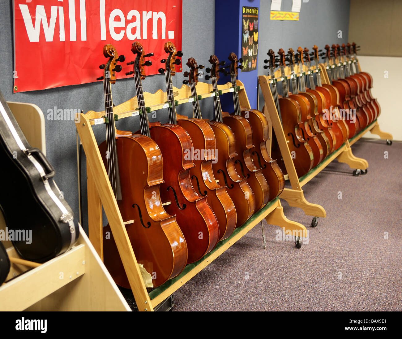 Rows of cellos in an arts Magnet High School in New Haven Connecticut USA Stock Photo