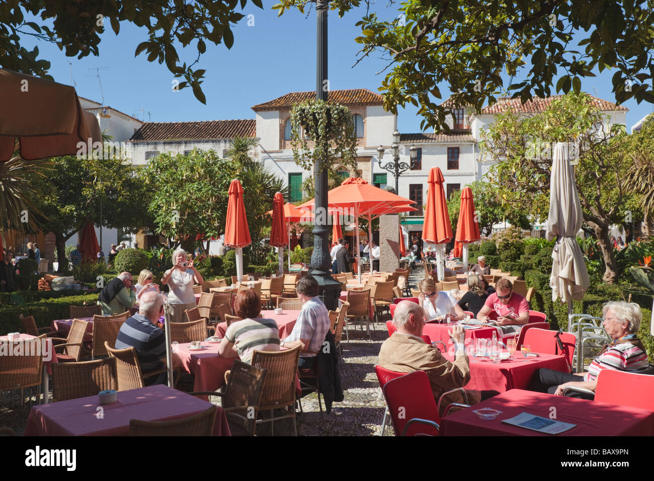 Marbella Malaga Province Costa del Sol Spain Plaza de los Naranjos Orange Square. Cafe life. Stock Photo