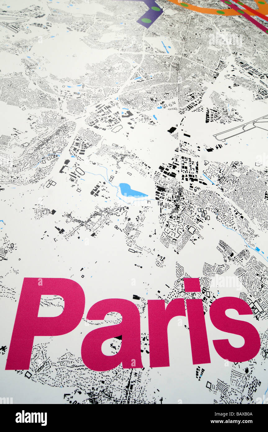 Multimedia display of maps showing the future dimensions of Paris, exhibited to bring competition between different projects. Stock Photo