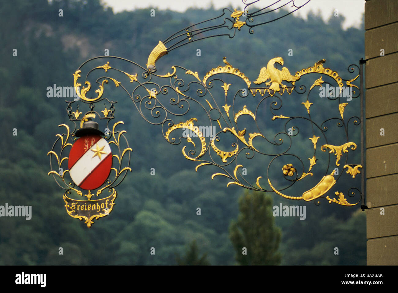 Wrought iron sign in old town of Thun in Berne canton Switzerland Stock Photo