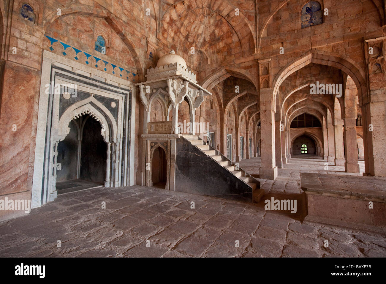 Mirhab and Minbar inside the Jama Masjid or Friday Mosque in the Ruins of Mandu India Stock Photo