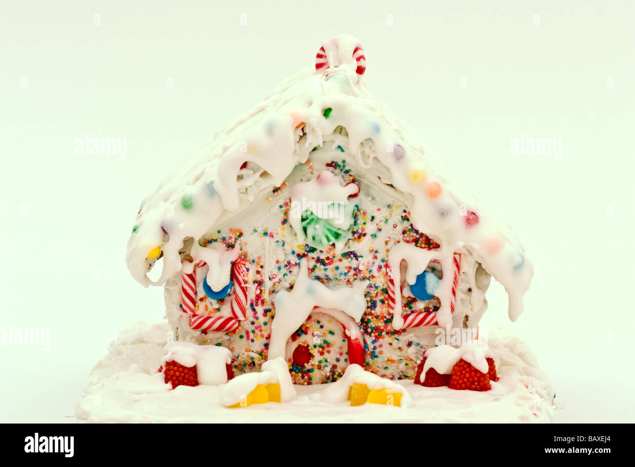 Gingerbread house decorated with icing and candy Stock Photo