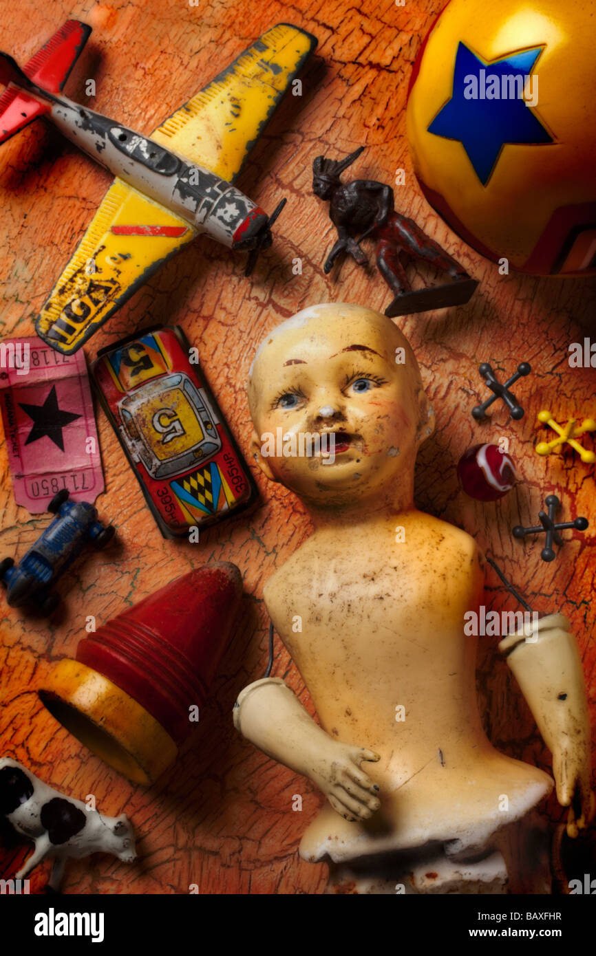 Old doll and antique toys Stock Photo