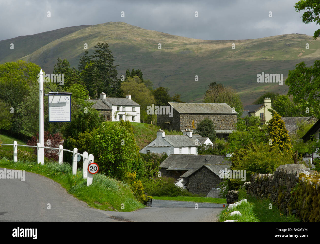 The village of Troutbeck, and sign for the Mortal Man pub, Lake District National Park, Cumbria, England UK Stock Photo