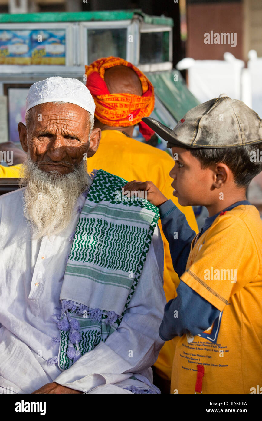 Muslim Grandfather and Grandson in Agra Delhi Stock Photo