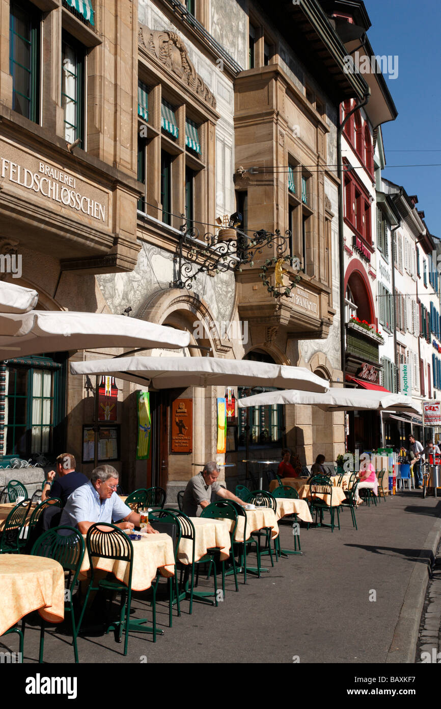 People outside restaurant, Zum Braunen Mutz, Barfuesserplatz, Basel, Switzerland Stock Photo