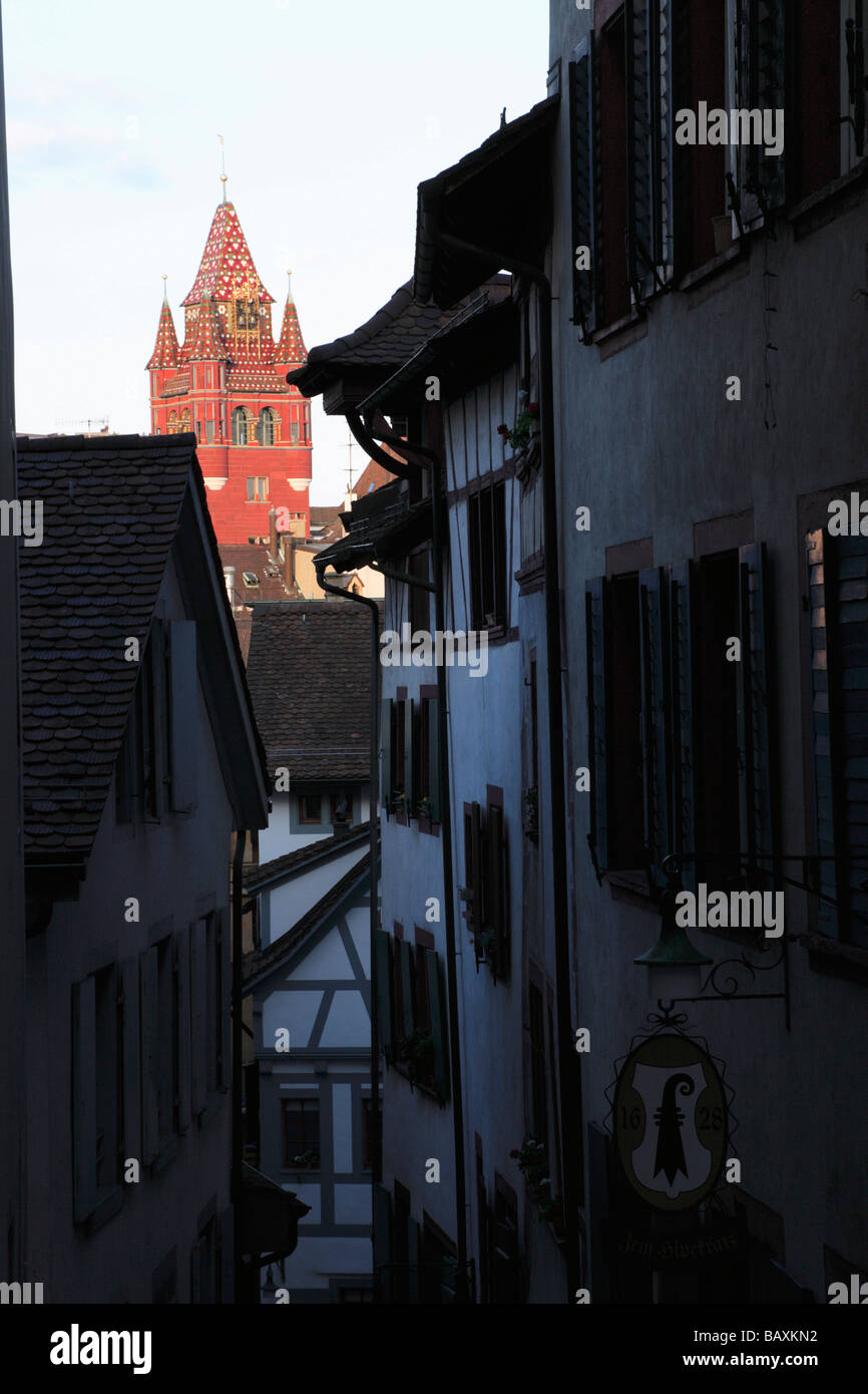 Sign showing the Bishops Crook, the Basel coat of arms, Town Hall in the background, Imberggasse, Basel, Switzerland Stock Photo